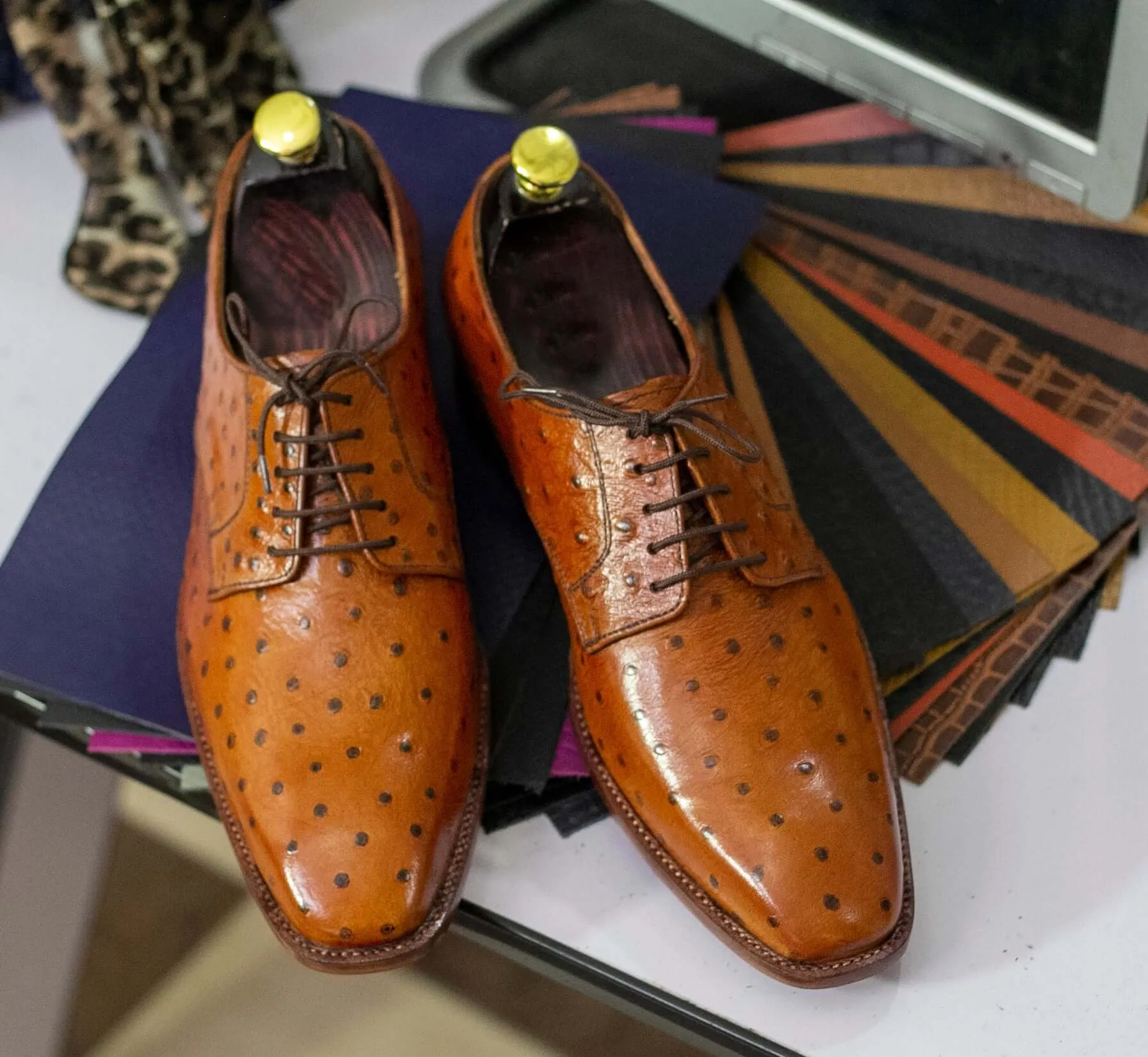 Handmade Men's Tan Ostrich Leather Shoes, Lace Up Shoes, Stylish Shoes