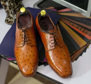 Handmade Men's Tan Ostrich Leather Shoes, Lace Up Shoes, Stylish Shoes