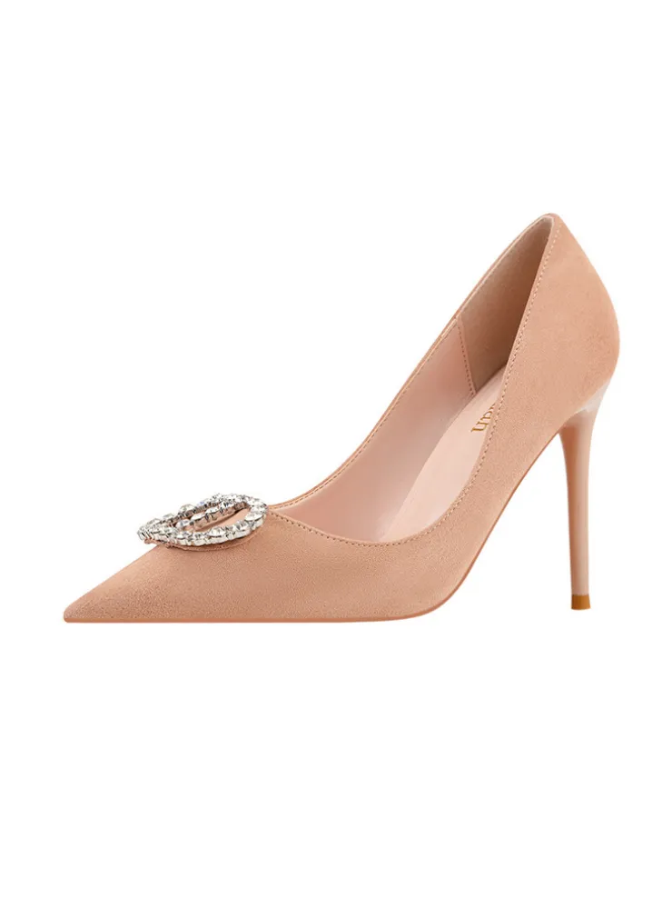 High Heel Pointed Rhinestone Metal Buckle Shoes