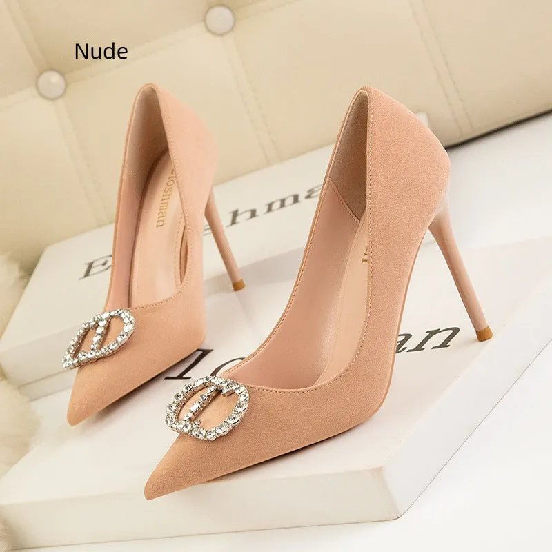 High Heel Pointed Rhinestone Metal Buckle Shoes