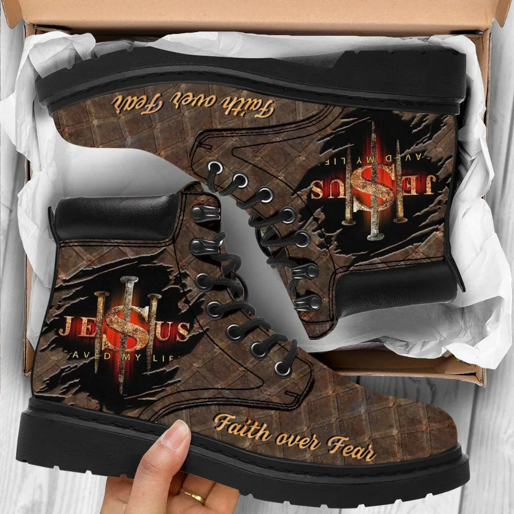 Jesus Brown Faith Over Fear Leather Boots - Christian Shoes For Men And Women