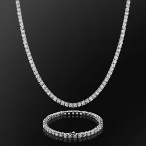 KRKC 4mm CZ Diamond Mens Tennis Chain and Bracelet Set in White Gold