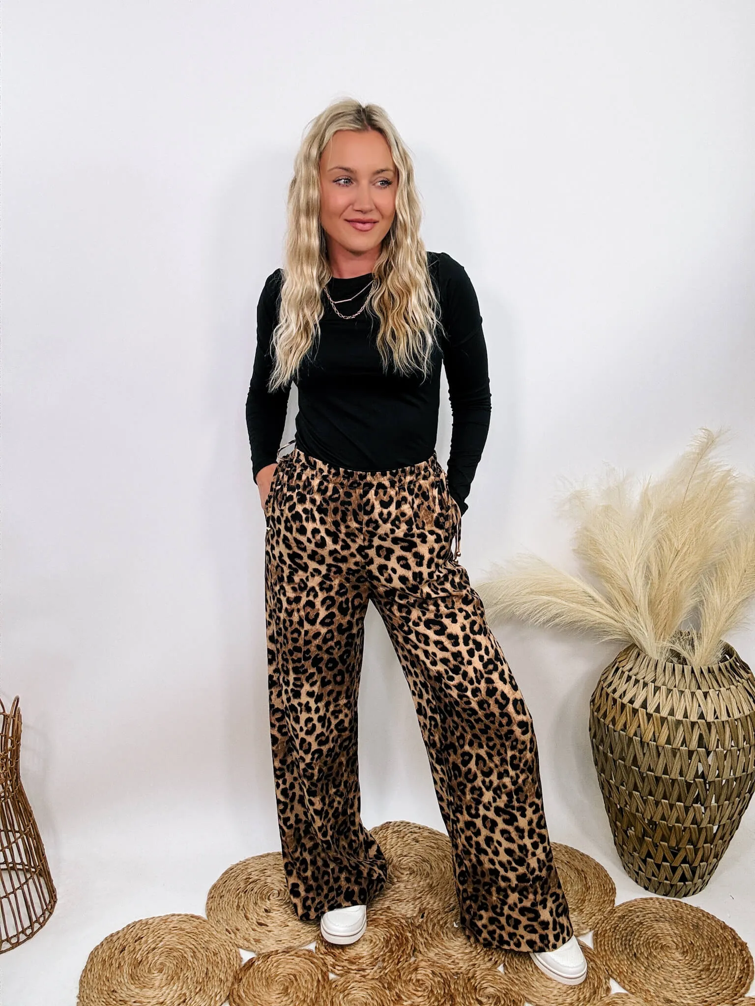 Leopard Print Wide Leg Pants with Adjustable Waist Ties