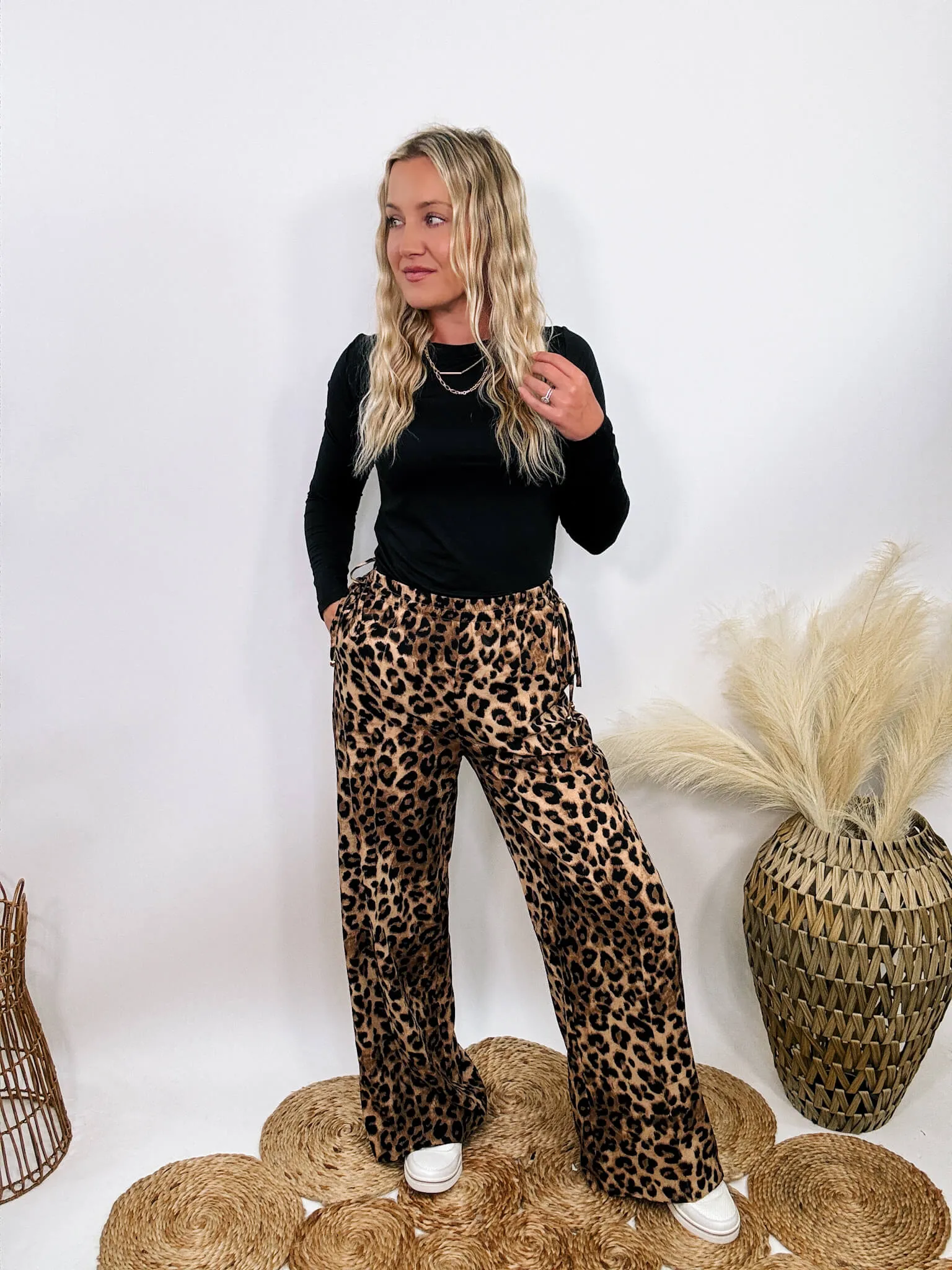 Leopard Print Wide Leg Pants with Adjustable Waist Ties