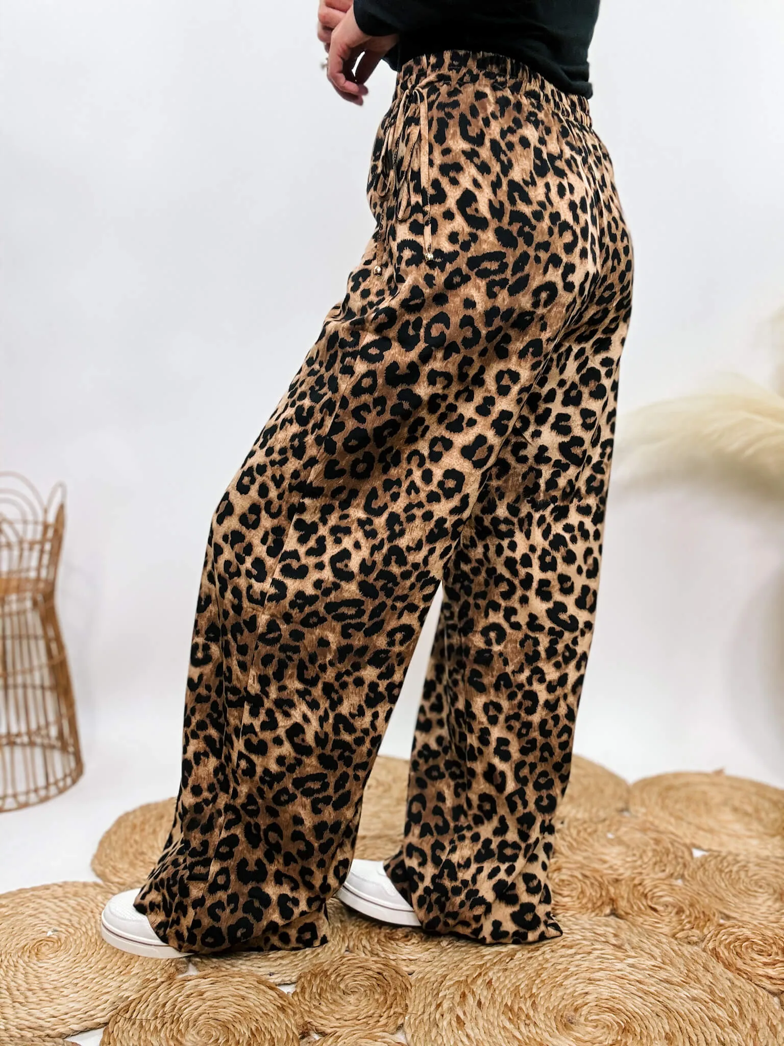 Leopard Print Wide Leg Pants with Adjustable Waist Ties