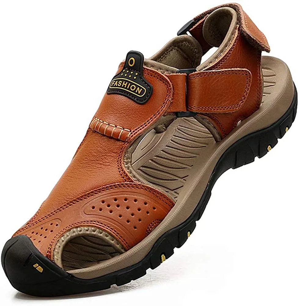 Men's Leather Sandals Outdoor Hiking Sandals Waterproof Athletic Sports Sandals Fisherman's Beach Shoes Closed Toe Water Sandals