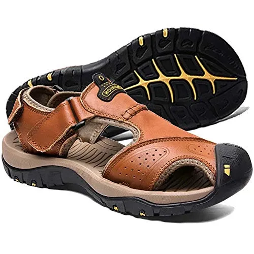 Men's Leather Sandals Outdoor Hiking Sandals Waterproof Athletic Sports Sandals Fisherman's Beach Shoes Closed Toe Water Sandals