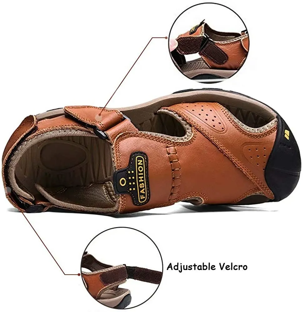 Men's Leather Sandals Outdoor Hiking Sandals Waterproof Athletic Sports Sandals Fisherman's Beach Shoes Closed Toe Water Sandals