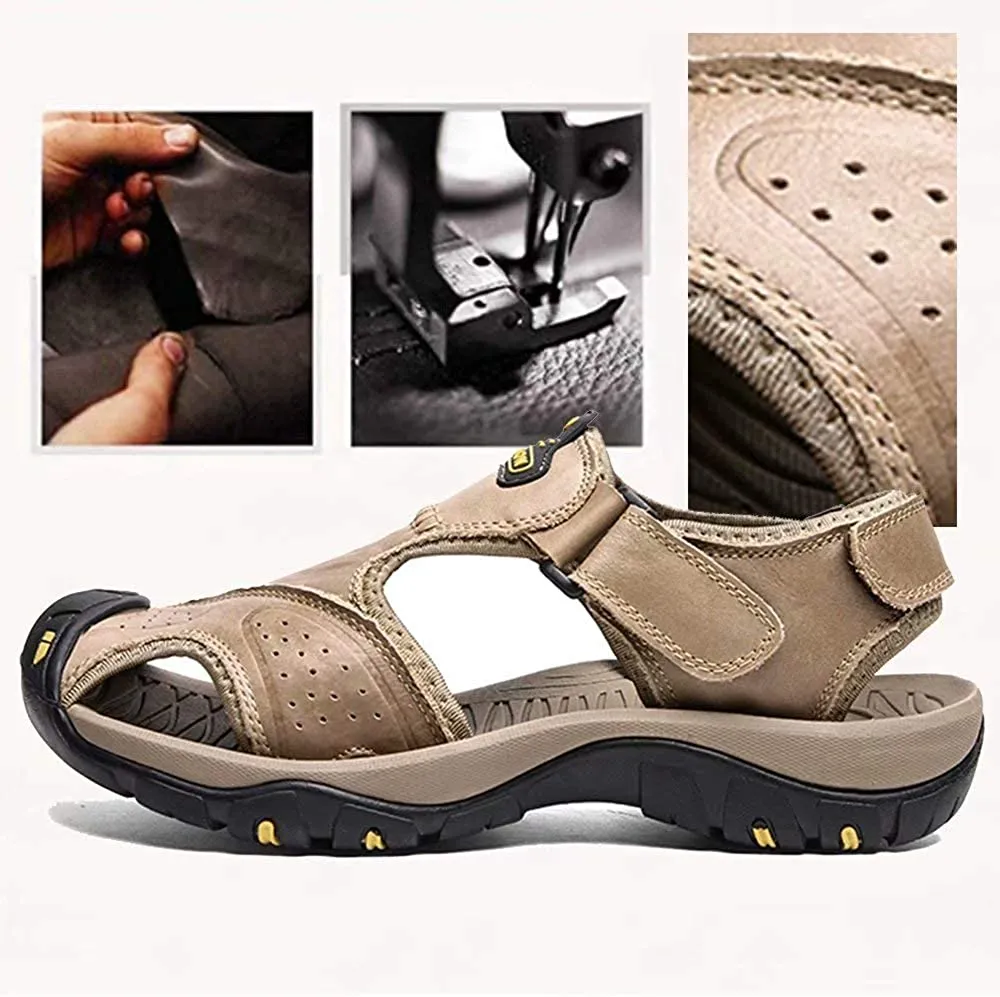 Men's Leather Sandals Outdoor Hiking Sandals Waterproof Athletic Sports Sandals Fisherman's Beach Shoes Closed Toe Water Sandals