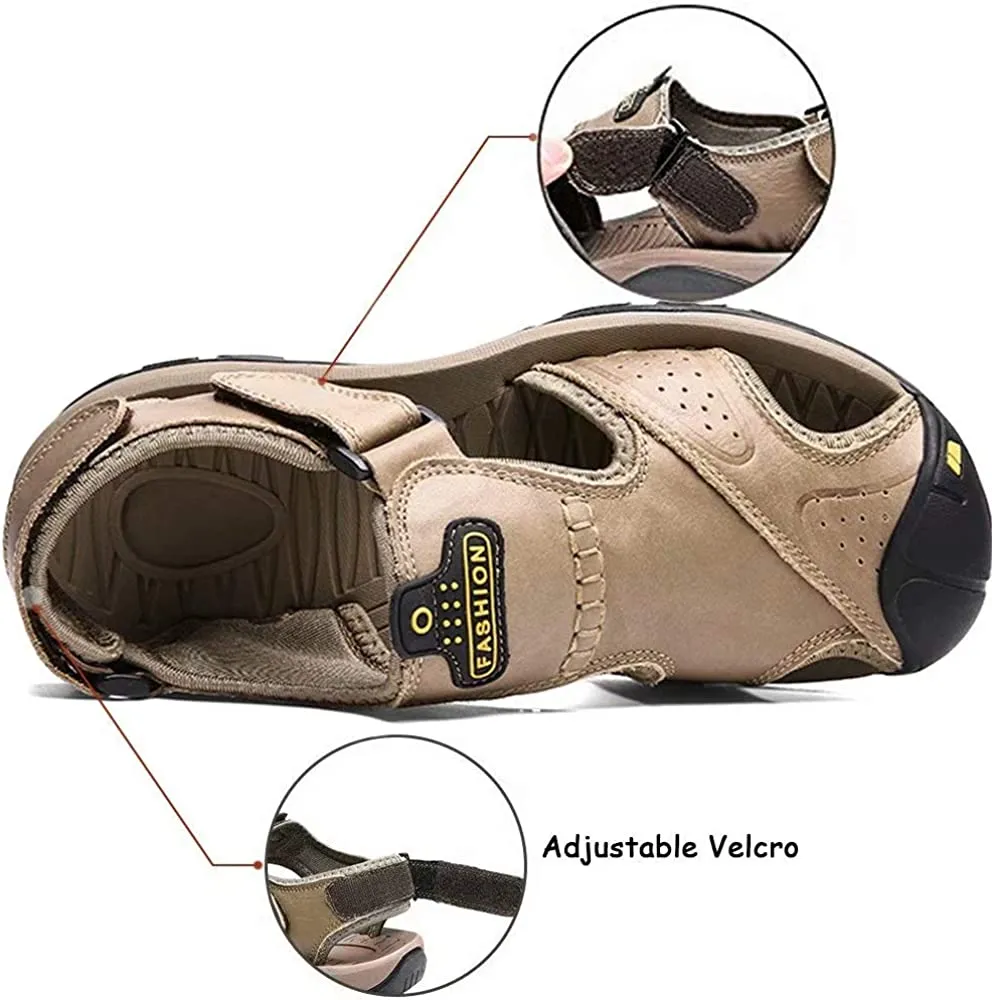 Men's Leather Sandals Outdoor Hiking Sandals Waterproof Athletic Sports Sandals Fisherman's Beach Shoes Closed Toe Water Sandals