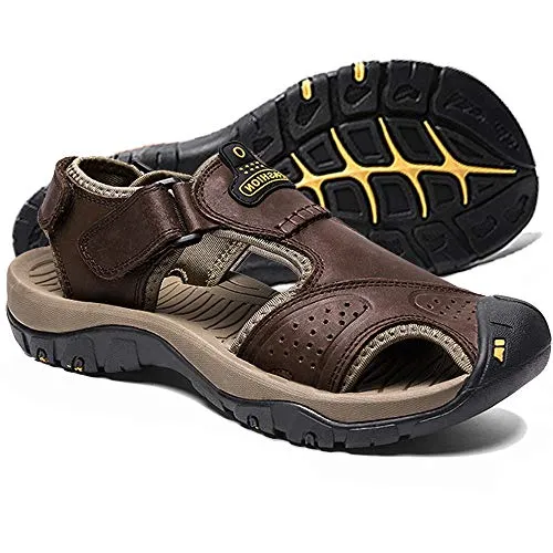 Men's Leather Sandals Outdoor Hiking Sandals Waterproof Athletic Sports Sandals Fisherman's Beach Shoes Closed Toe Water Sandals