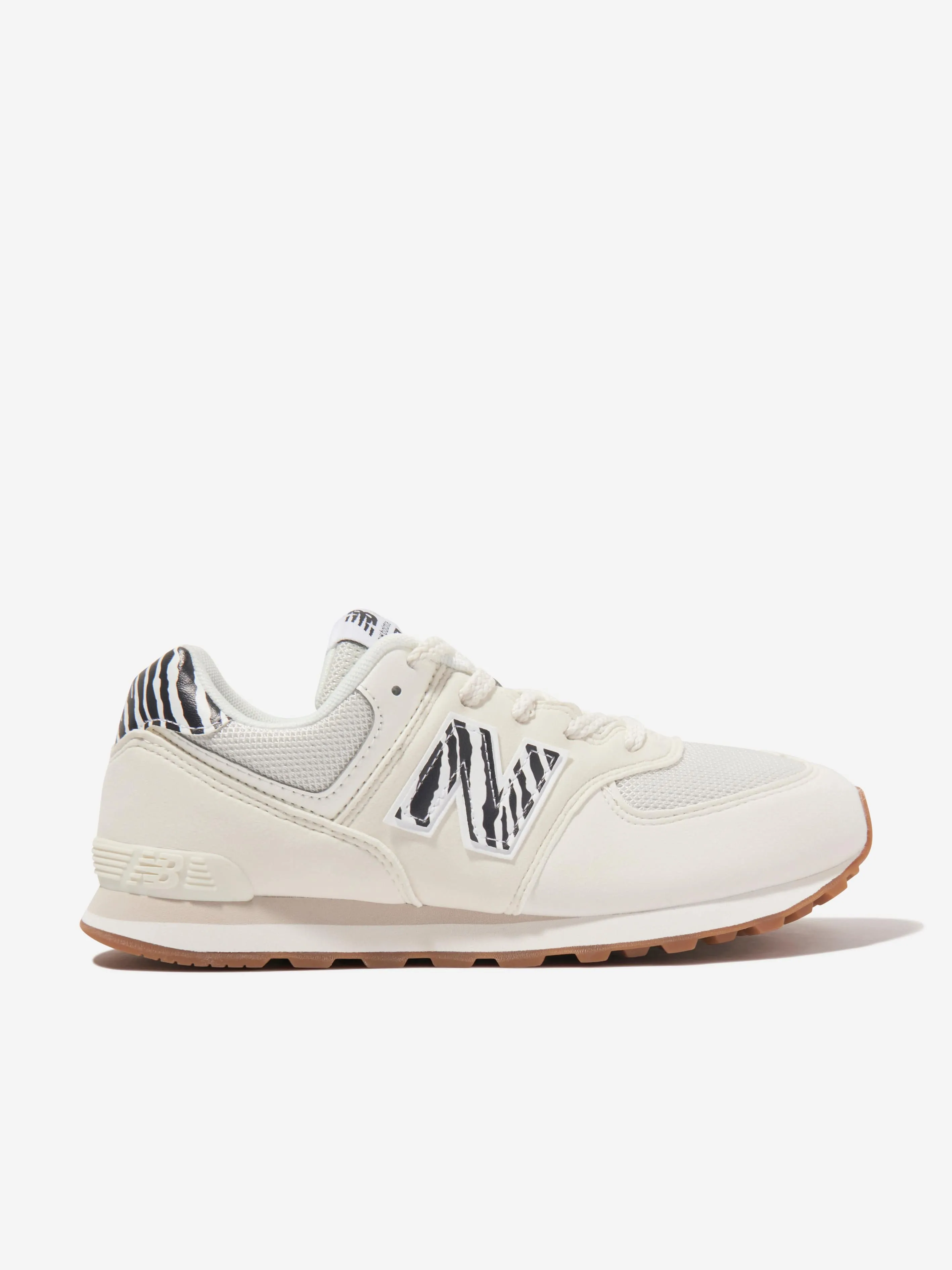 New Balance Girls 574 Animal Print Lace Up Trainers in Ivory