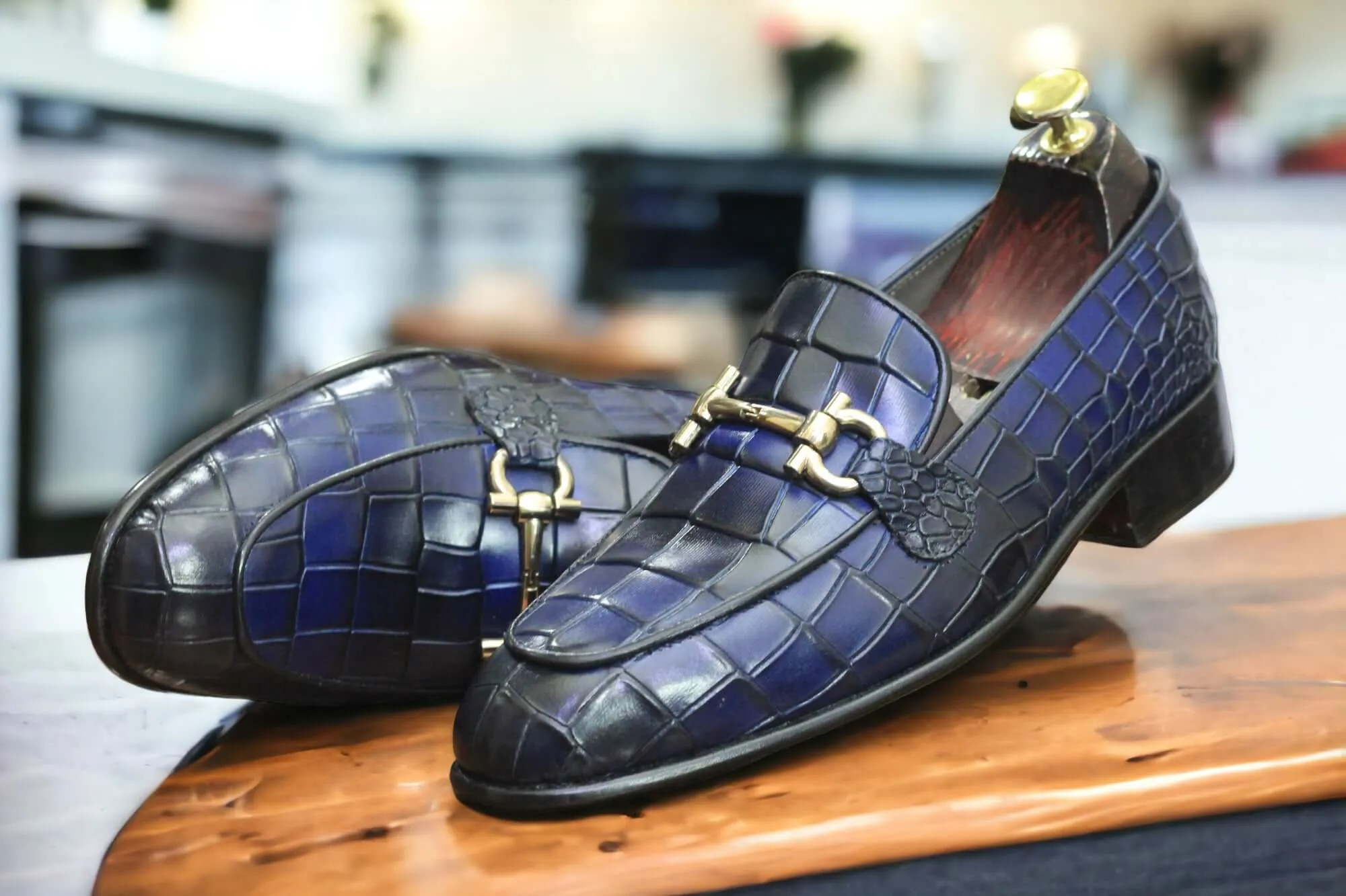 New Stylish Blue Crocodile Texture Loafer Shoes, Handmade Men's Horsebit Style Shoes