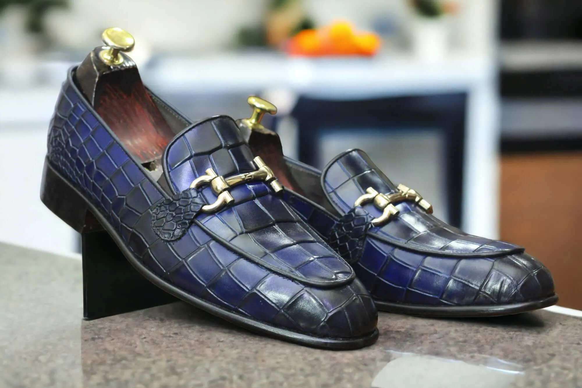 New Stylish Blue Crocodile Texture Loafer Shoes, Handmade Men's Horsebit Style Shoes