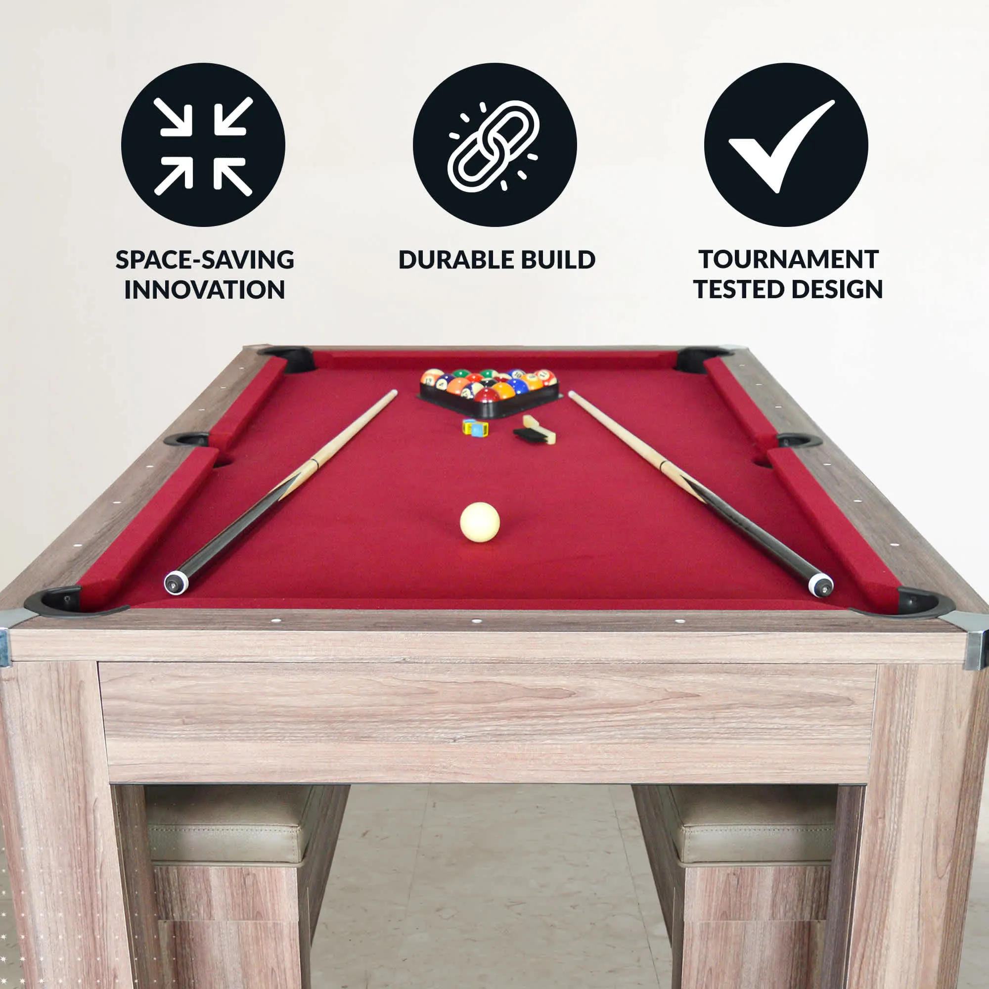 Newport 7-ft Pool Table Combo Set with Benches - Light Oak with Red Felt