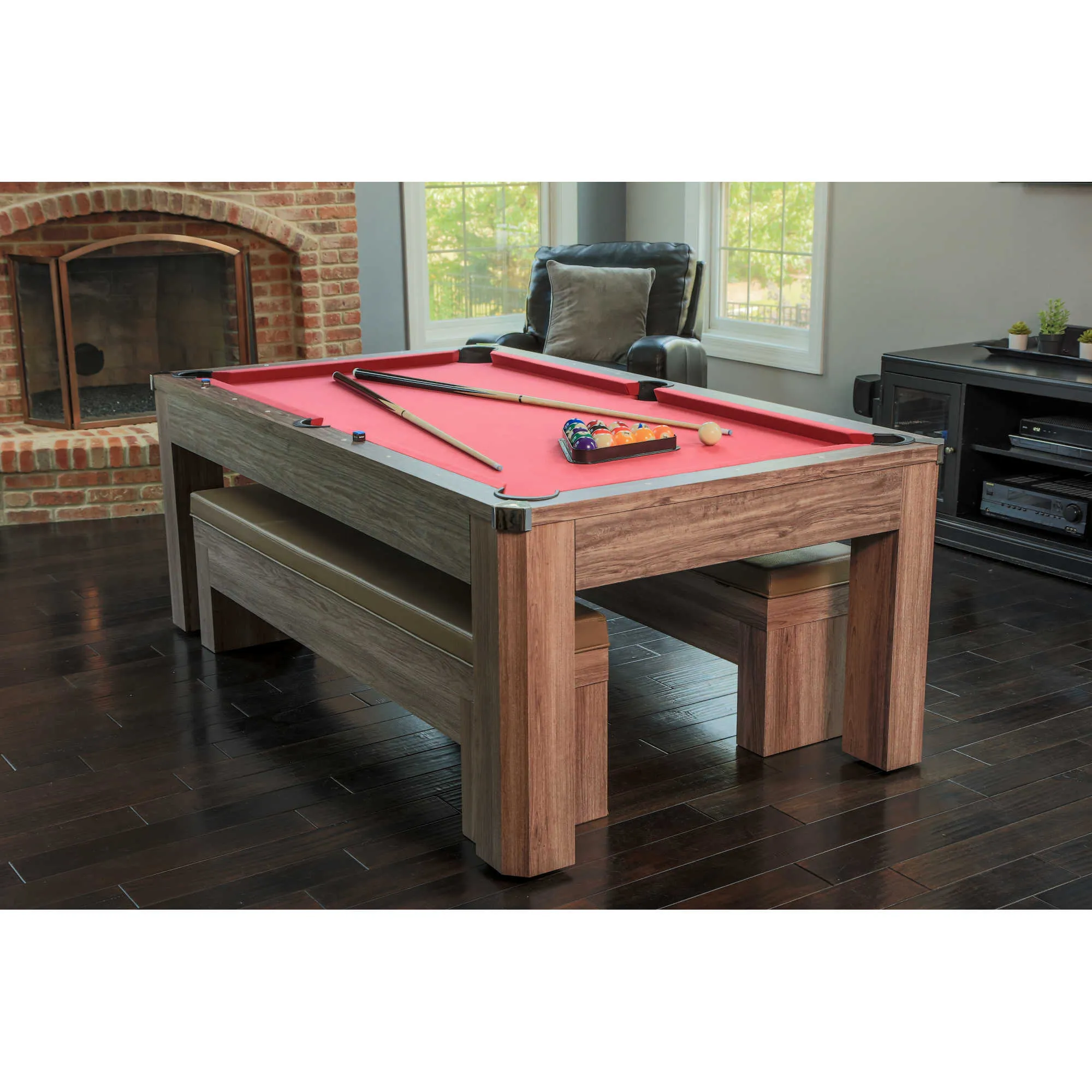 Newport 7-ft Pool Table Combo Set with Benches - Light Oak with Red Felt