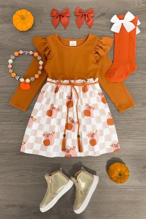 Orange & Pink Checkered Pumpkin Dress