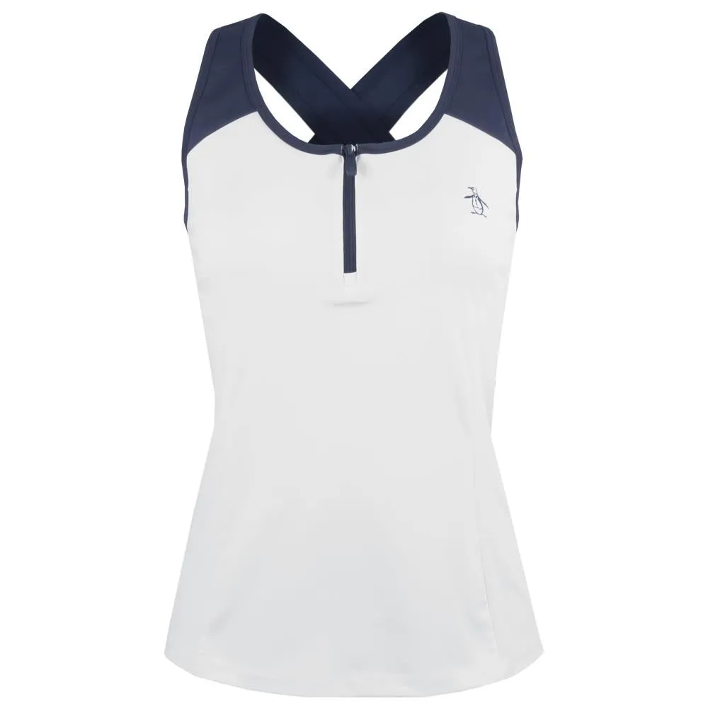 Penguin Women's Color Block Zip Tank - Bright White/Navy