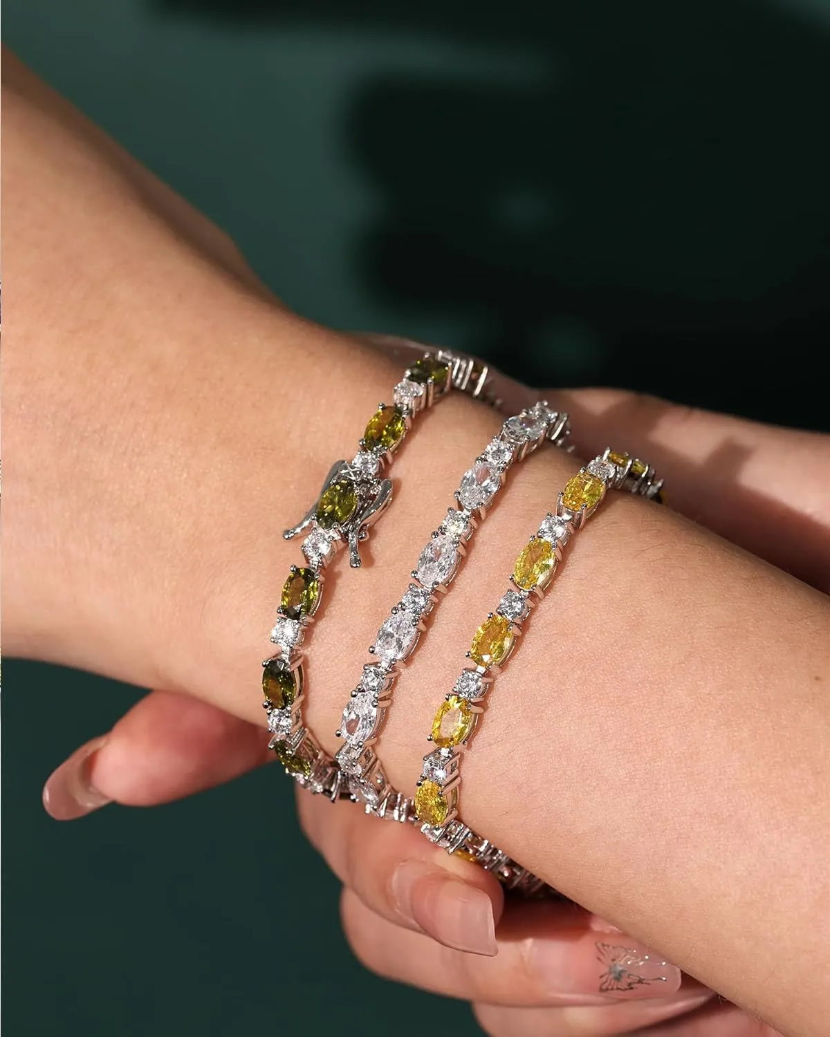 "Glamour Radiance" August Birthstone Fancy Cut Tennis Peridot Sterling Silver Bracelet