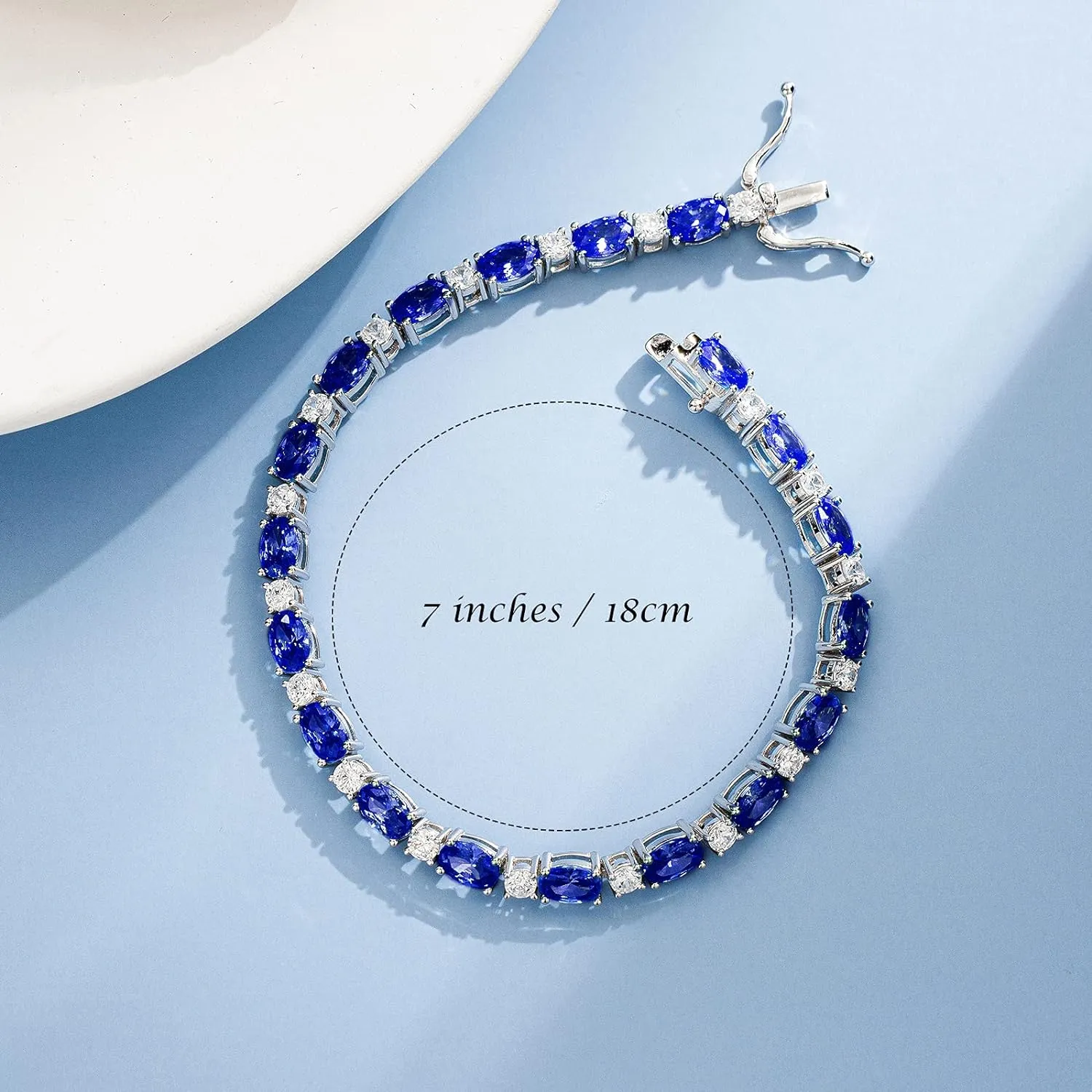 "Glamour Radiance" September Birthstone Fancy Cut Tennis Blue Sapphire Sterling Silver Bracelet