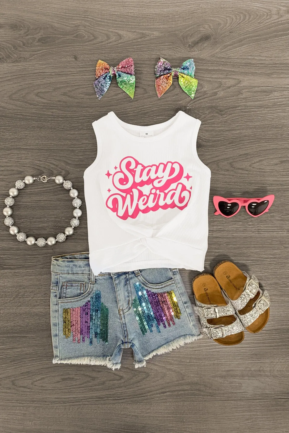 "Stay Weird" Rainbow Sequin Denim Short Set