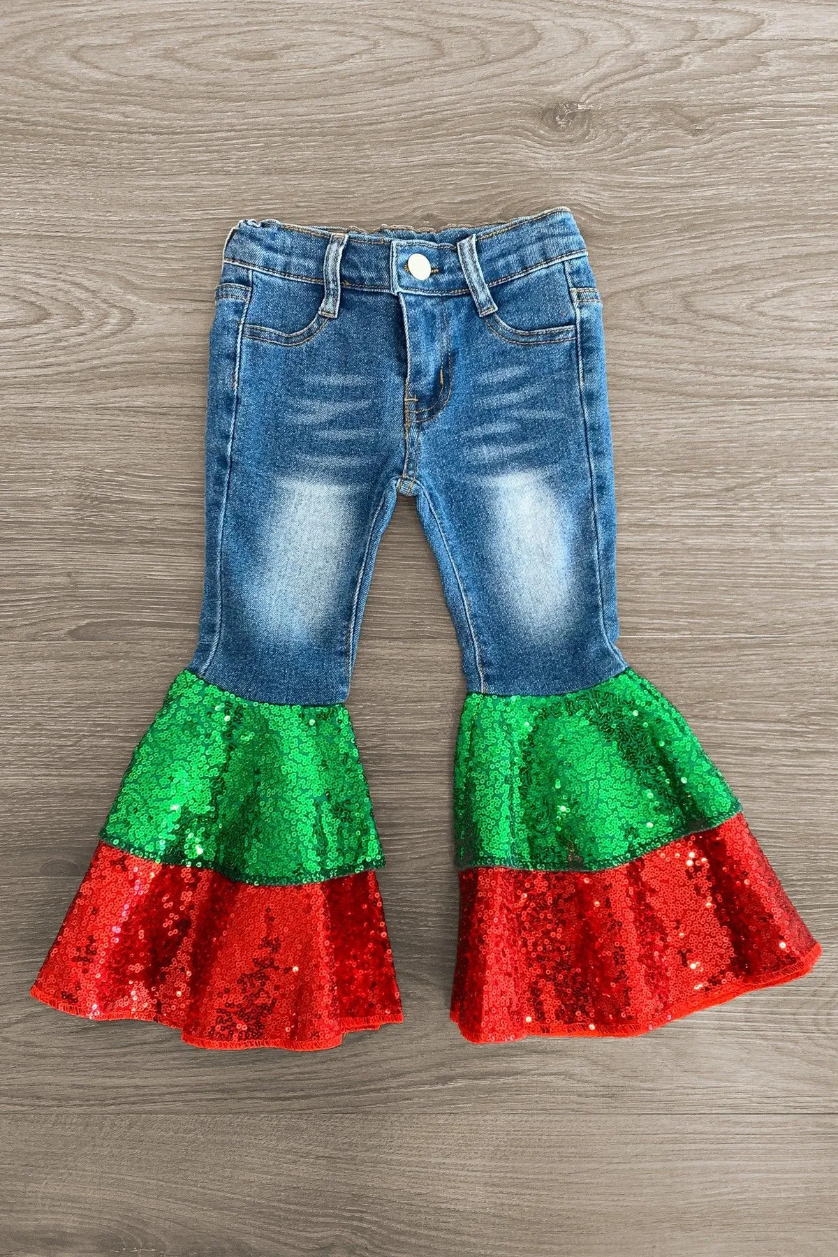 Red & Green Sequin Denim Bell Bottoms