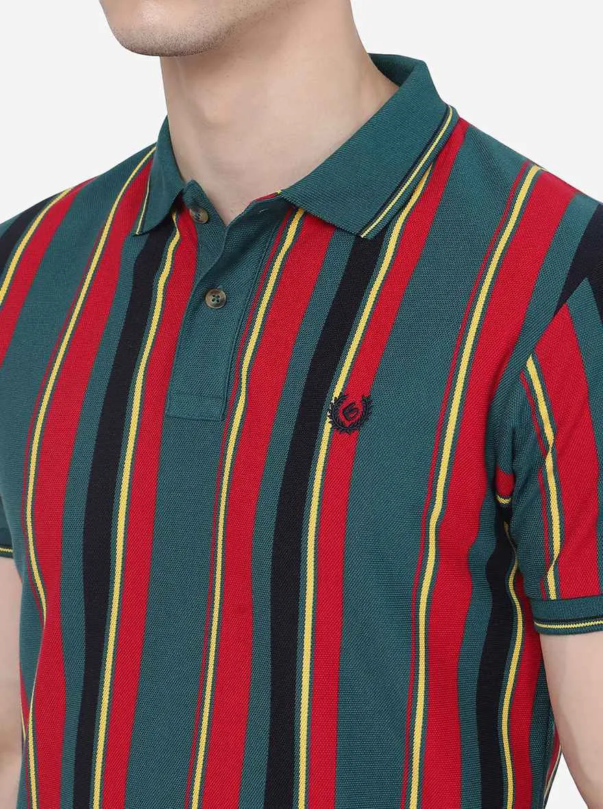 Red & Teal Green Striped Slim Fit Polo T-Shirt | Greenfibre