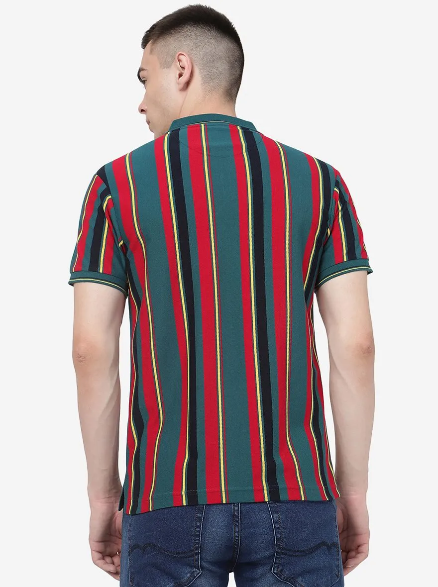 Red & Teal Green Striped Slim Fit Polo T-Shirt | Greenfibre