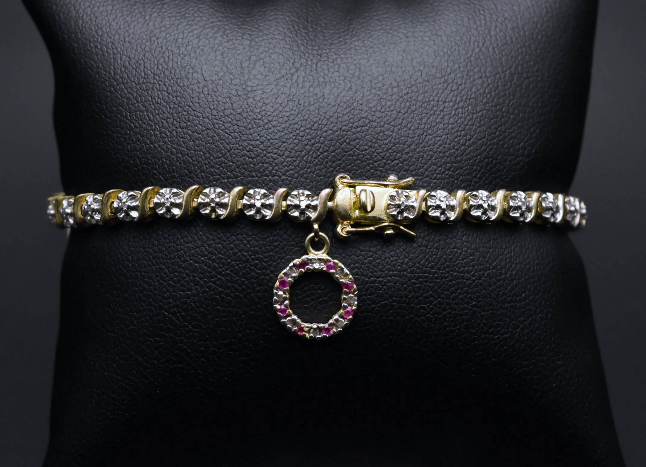 Ross-Simons - Vintage Vermeil Tennis Bracelet with Rubies and Diamond Charm - 7.25"