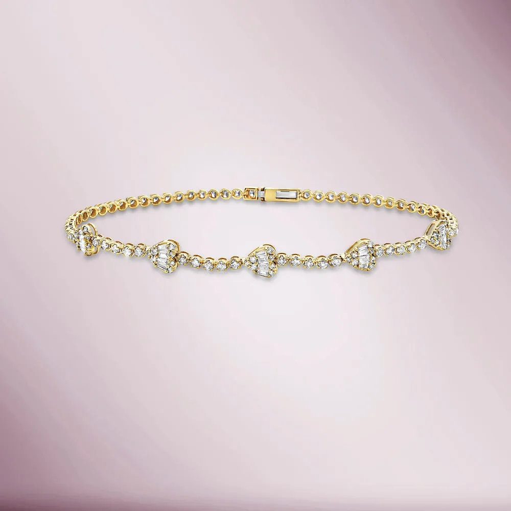 Round & Baguette Diamonds Heart Shape Tennis Bracelet (1.70 ct.) Buttercup Setting in 14K Gold