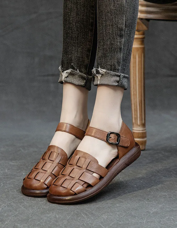 Round Toe Soft Leather Woven Flat Sandals