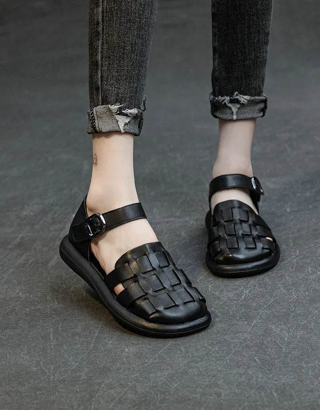 Round Toe Soft Leather Woven Flat Sandals