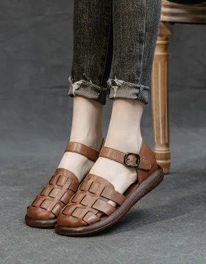 Round Toe Soft Leather Woven Flat Sandals