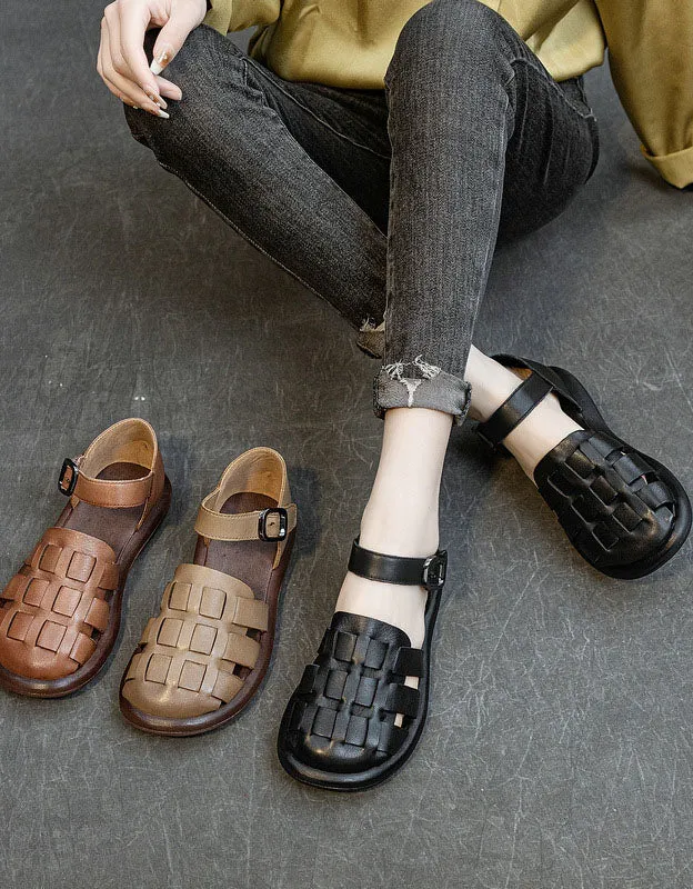 Round Toe Soft Leather Woven Flat Sandals