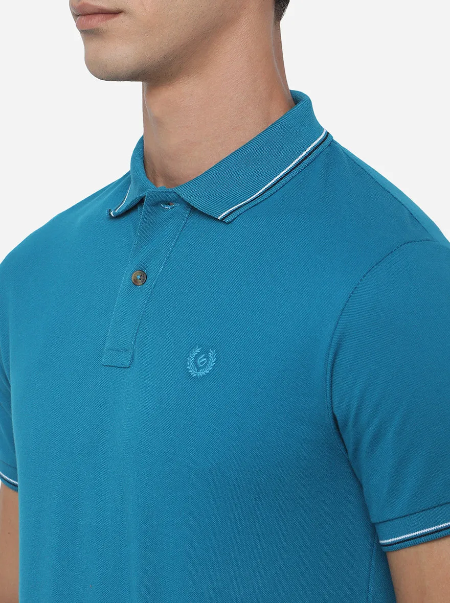 Seapoat Blue Solid Slim Fit Polo T-Shirt | Greenfibre