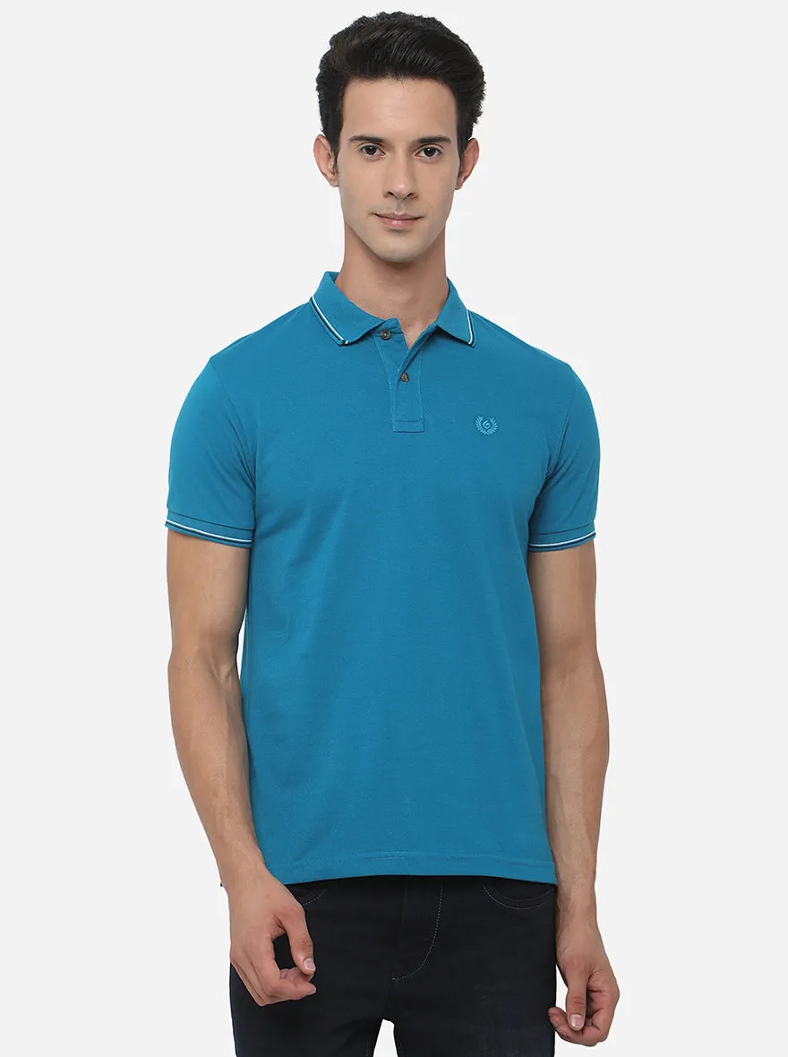 Seapoat Blue Solid Slim Fit Polo T-Shirt | Greenfibre