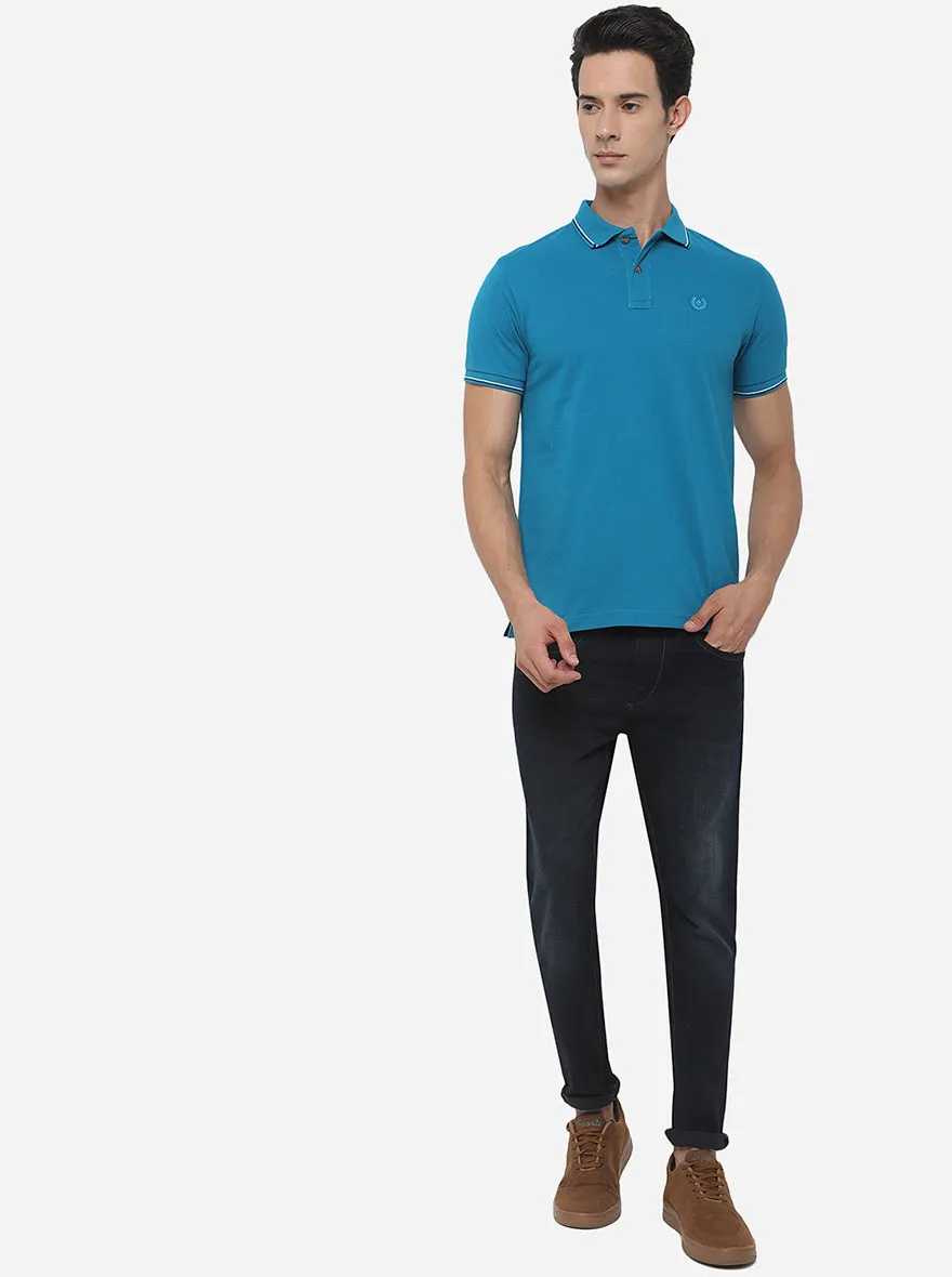 Seapoat Blue Solid Slim Fit Polo T-Shirt | Greenfibre