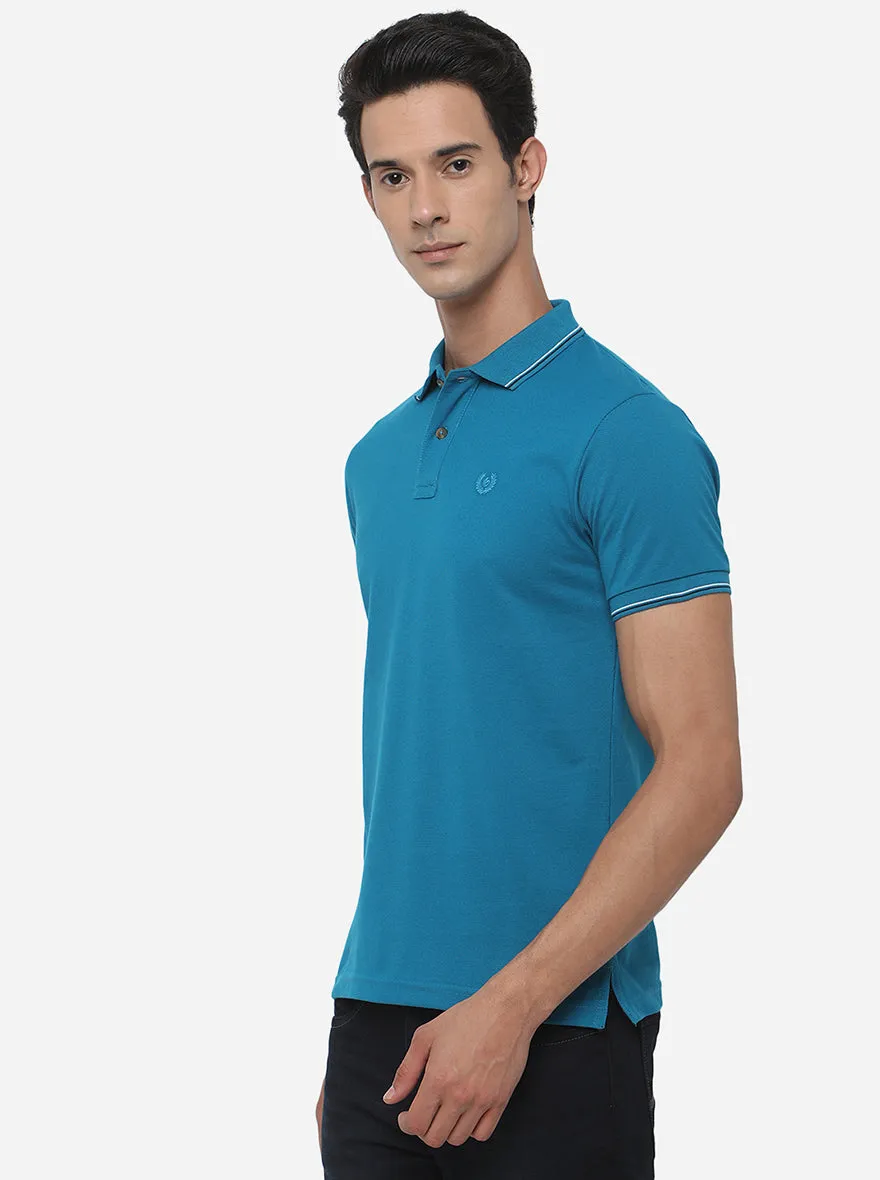 Seapoat Blue Solid Slim Fit Polo T-Shirt | Greenfibre