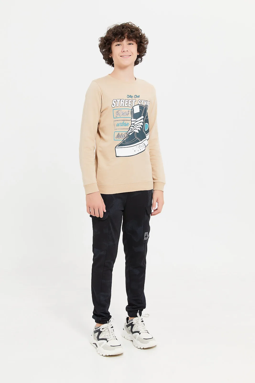 Senior Boys Beige Street Style Sweatshirt