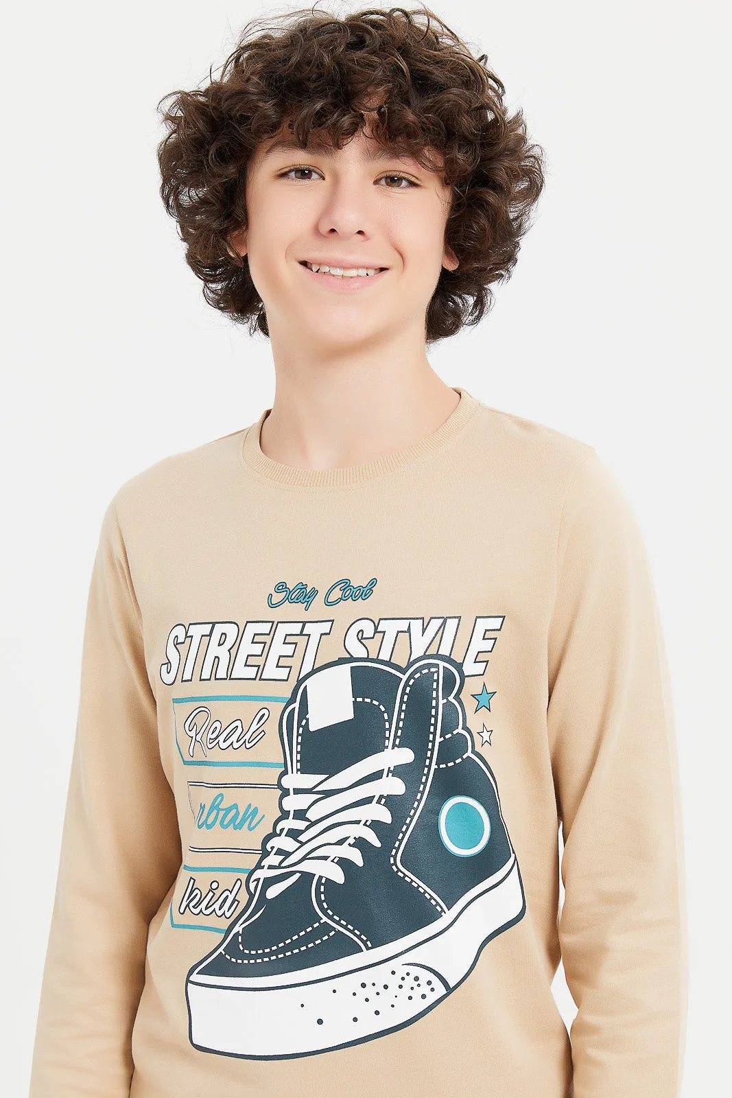 Senior Boys Beige Street Style Sweatshirt