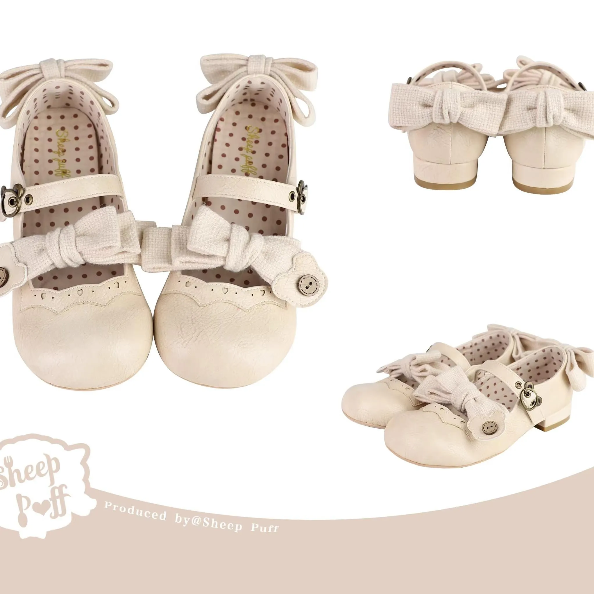 Sheep Puff~Bear Room~Sweet Lolita Shoes Double Bow Round Toe Flat Shoes