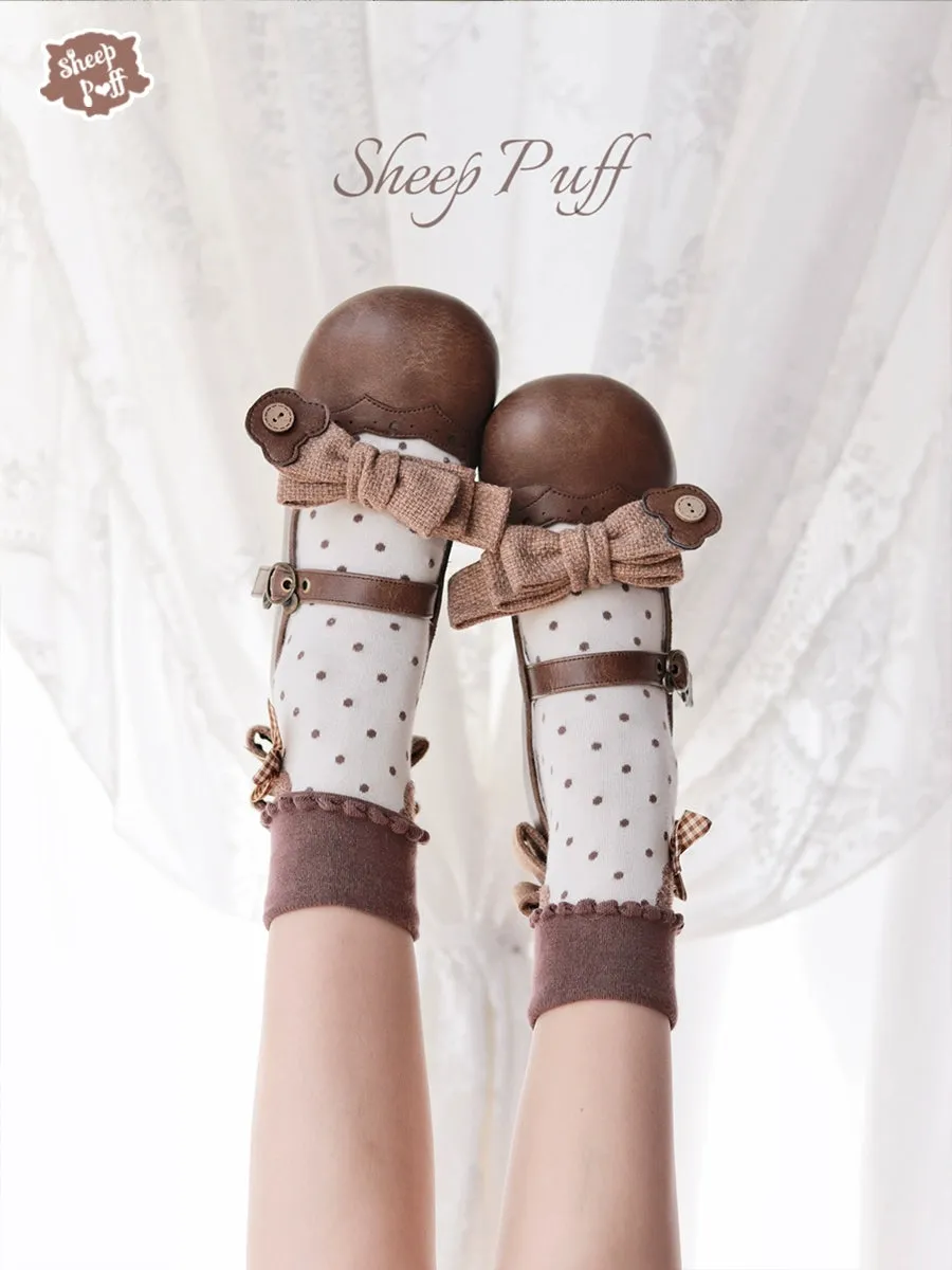 Sheep Puff~Bear Room~Sweet Lolita Shoes Double Bow Round Toe Flat Shoes