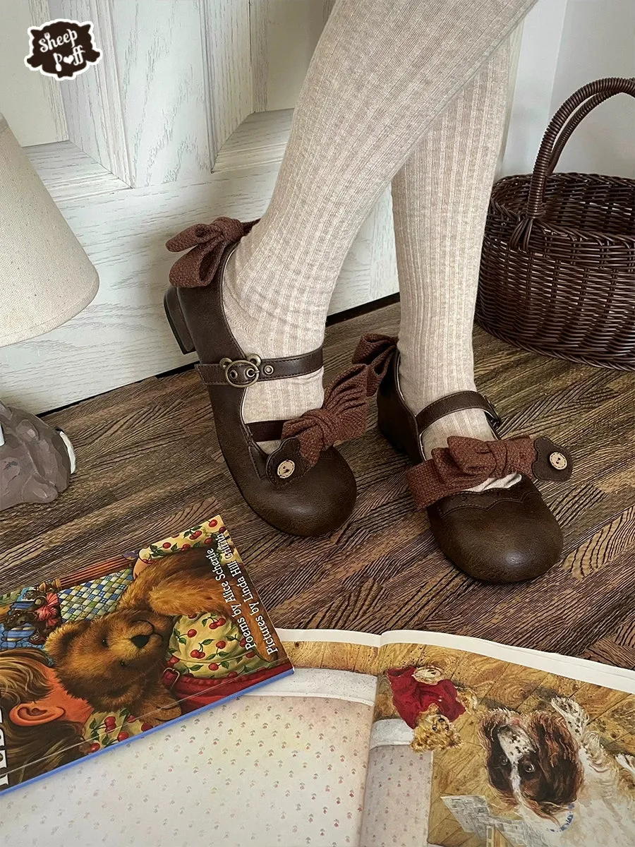 Sheep Puff~Bear Room~Sweet Lolita Shoes Double Bow Round Toe Flat Shoes