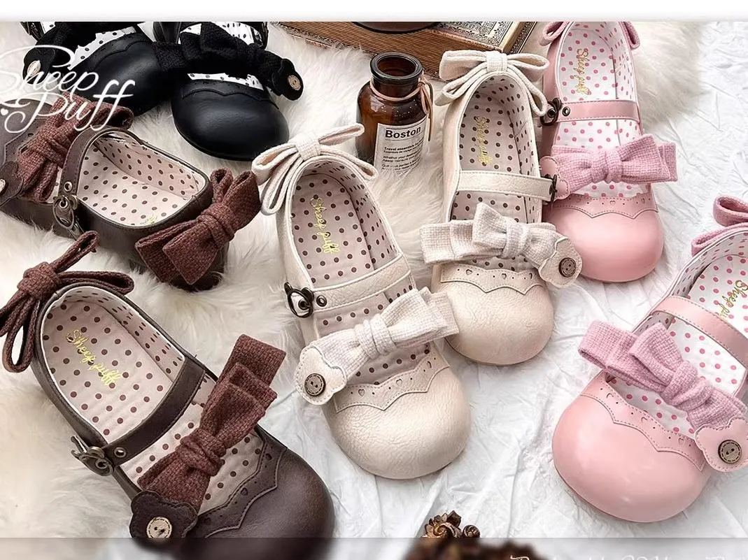 Sheep Puff~Bear Room~Sweet Lolita Shoes Double Bow Round Toe Flat Shoes