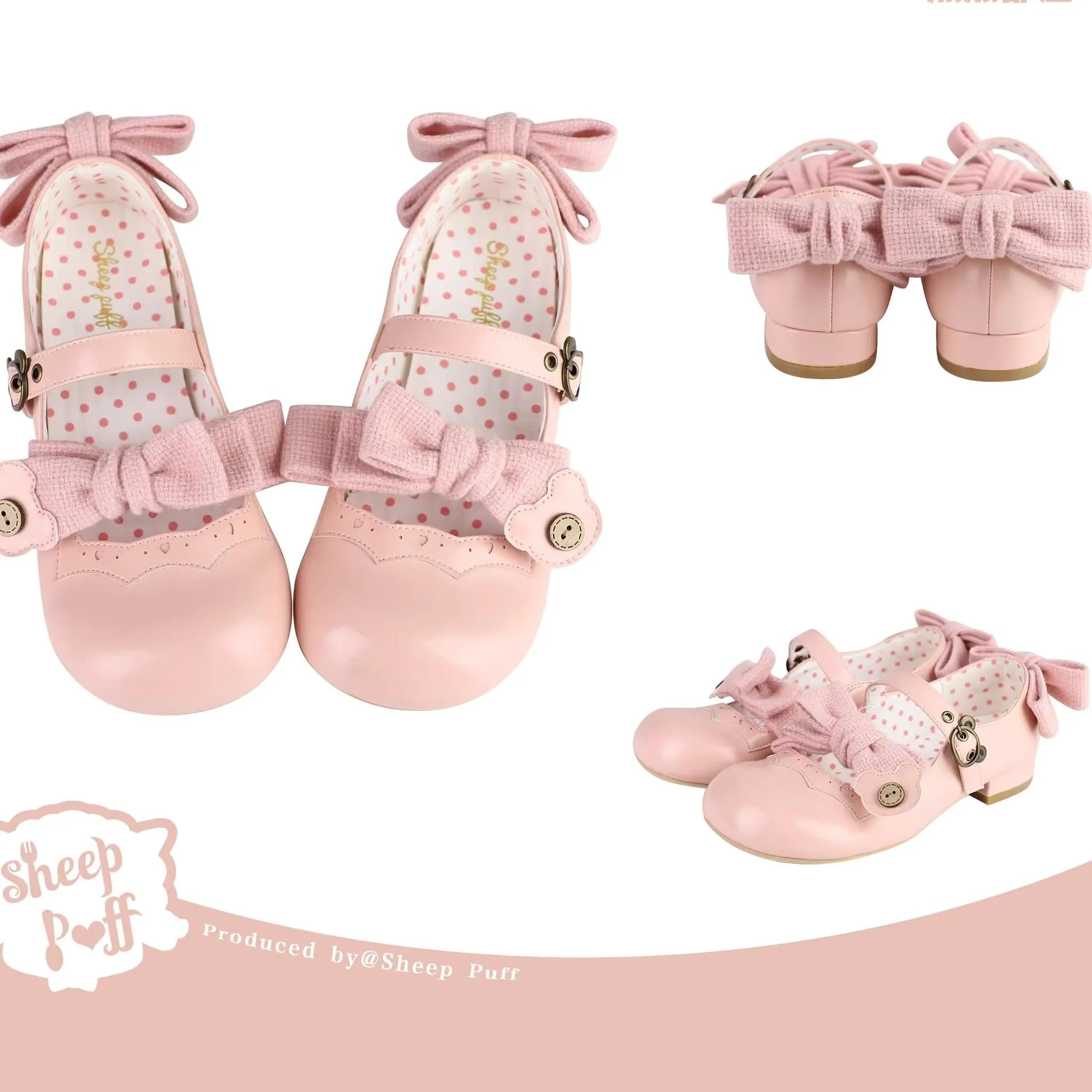 Sheep Puff~Bear Room~Sweet Lolita Shoes Double Bow Round Toe Flat Shoes