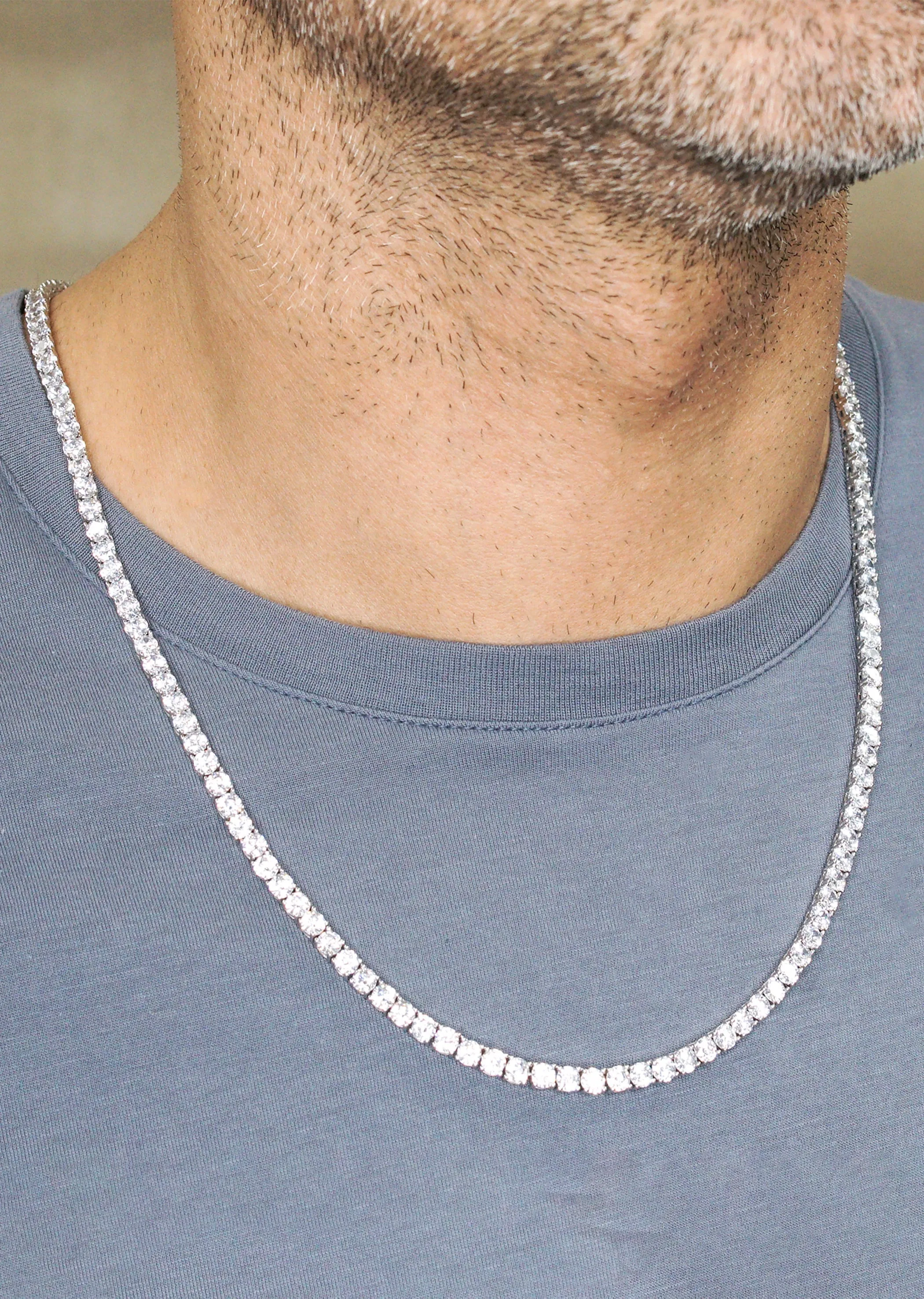 Silver Chain - Mens White Tennis Chain / Necklace - 4 MM