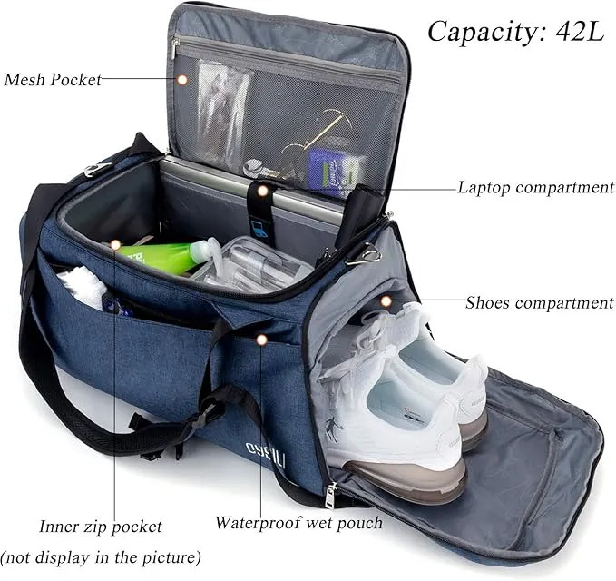 Sports Duffle Bag with Shoes Compartment and Wet Pocket, 42L Waterproof Gym Bag for Men and Women, Durable Travel Duffel Bag with Shoulder Strap and Combination Lock