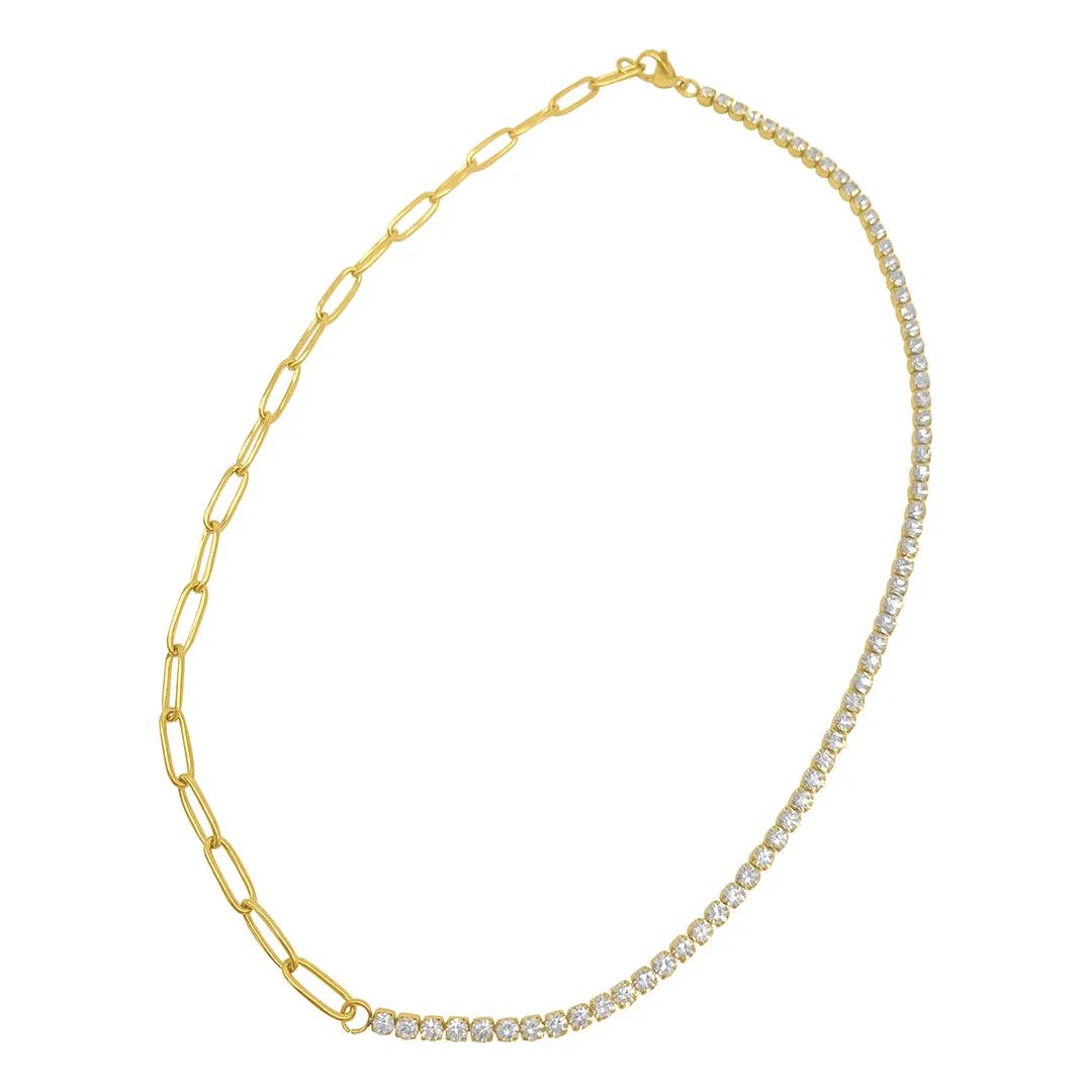 Tarnish Resistant 14k Gold Plated Half Tennis Necklace and Paper Clip Chain