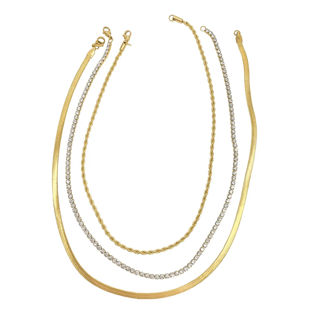 Tarnish Resistant 14k Gold Plated Herringbone Chain, Rope Chain, and Tennis Necklace Set