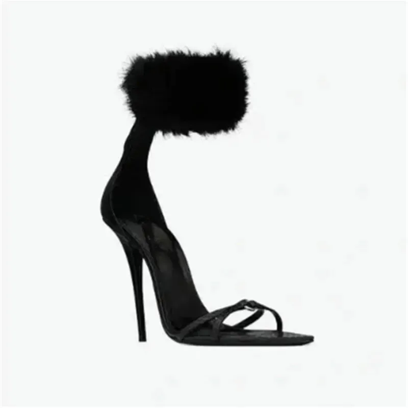 TAVIMART  -  New Summer Sandals European Black Banquet With Sexy Mink Hair Sandals Women High Heels